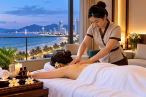 Professional therapist providing relaxation massage in a private Da Nang apartment with beachfront view