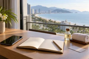 Phone and blank notebook on a hotel desk beside towels, massage oil and a coastal view