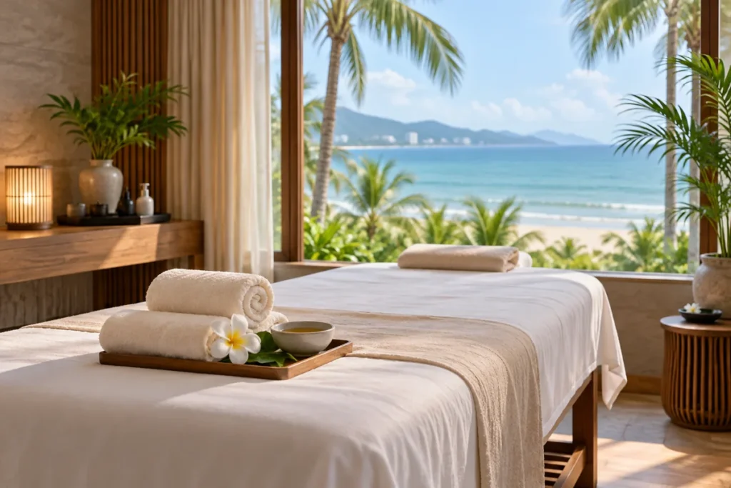 Illustrative coastal wellness room with a massage table, folded towels and a sea view in Da Nang