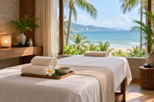 Illustrative coastal wellness room with a massage table, folded towels and a sea view in Da Nang