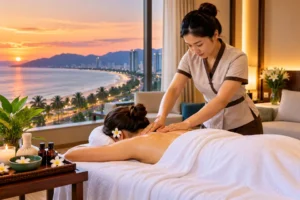 Professional therapist performing oil massage at a Da Nang hotel, illustrating Thai massage versus oil massage options